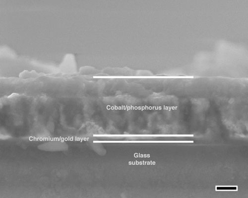 A side view of a porous cobalt phosphide/phosphate thin film