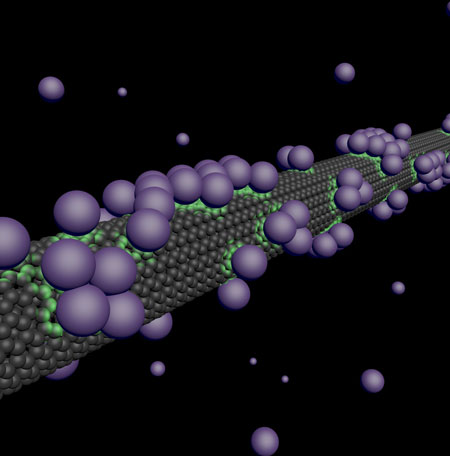 An illustration of atoms sticking to a carbon nanotube