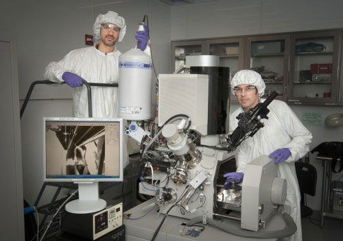 Matthew Sfeir (left) and Fernando Camino of the Center for Functional Nanomaterials