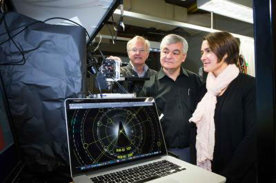 From left are: Professor Jim Williams, Professor Andrei Rode and Associate Professor Jodie Bradbury with the complex electron diffraction patterns