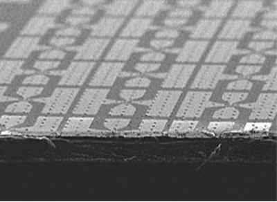 An array of microwave silicon transistors sitting on a wood-derived CNF substrate