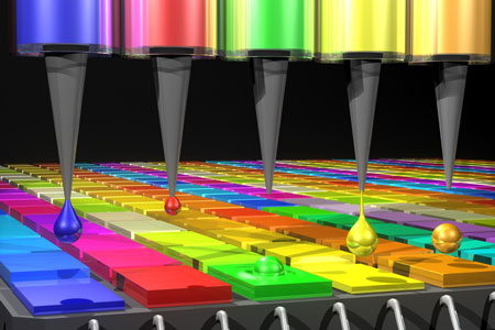 In this illustration, the Quantum Dot (QD) spectrometer device is printing QD filters