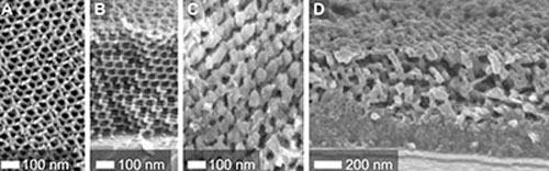 Scanning electron microscopy micrographs show a periodically ordered mesoporous gyroidal resin template (A and B) and the resulting laser-induced crystalline silicon nanostructure