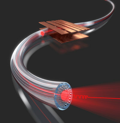 a microbead which flies through the hollow channel in the interior of a photonic crystal fibre to measure different physical quantities