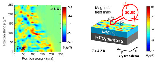 Image of the magnetic fields recorded by scanning a tiny superconducting coil over the surface of a LaMnO3 film grown on a substrate crystal.