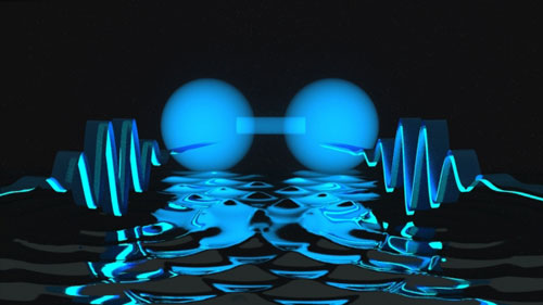 Two photons, depicted as wave packets (left and right), can be locked together at a short distance