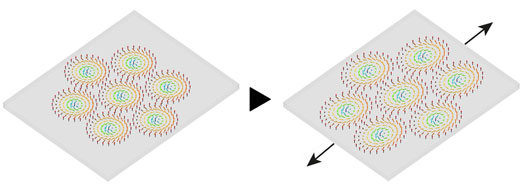 Applying a small strain in one direction (indicated by black arrows in the right sample) dramatically alters the shape of a skyrmion crystal and the individual skyrmions making it up