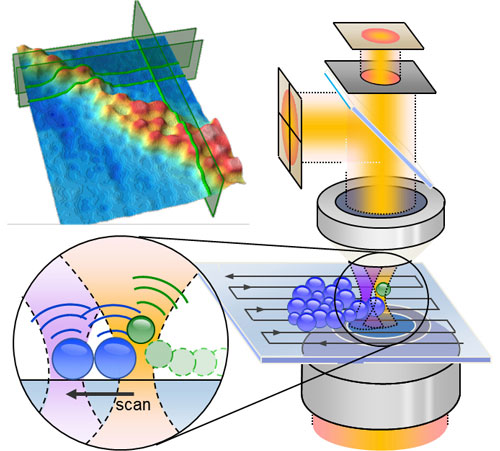 A laser trapping beam (orange) moves the probe (green sphere) over the structured surface (blue spheres), where the beam is displaced depending on the height of the structure