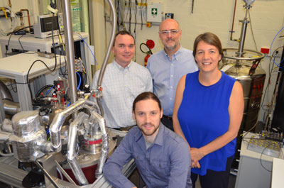left to right Dr Matthew House, Sam Hile (seated), Scientia Professor Sven Rogge and Scientia Professor Michelle Simmons