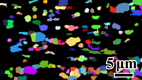 embedding ductile, large-grained columns (shown here as colors) in a harder, ultrafine-grained matrix (shown here as black)