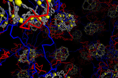 gel that links metal organic cages with long polymer strands (blue)