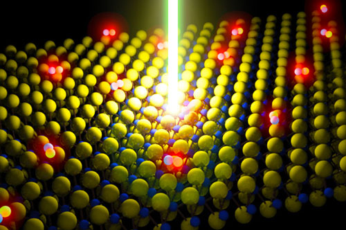 Schematic of a laser beam energizing a monolayer semiconductor made of molybdenum disulfide