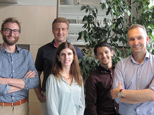 research group at the Laboratory of Organic Electronics, from the left Daniel Simon, Roger Gabrielsson, Eleni Stavrinidou, Eliot Gomez and Magnus Berggren