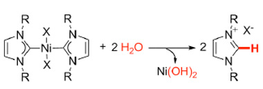 Hydrolysis of the Ni-NHC complexes leading to the release of Ni hydroxide and free ligand