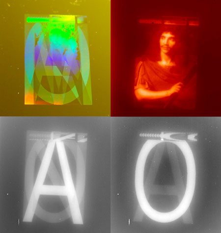 Visible sample and its emission response at several polarizations and wavelengths