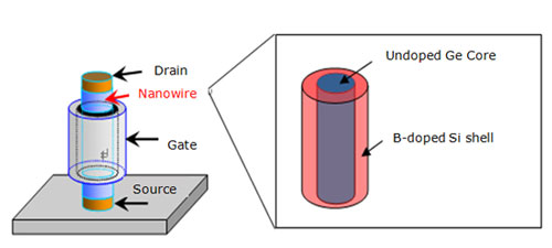 schematic of a vertical transistor and an expanded view of its core-shell nanowire part