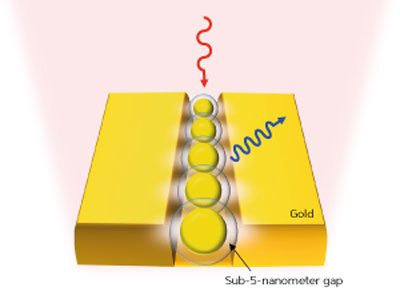 Tiny gaps between gold nanoparticles in a trench and the gold substrate greatly enhance frequency doubling of incident light