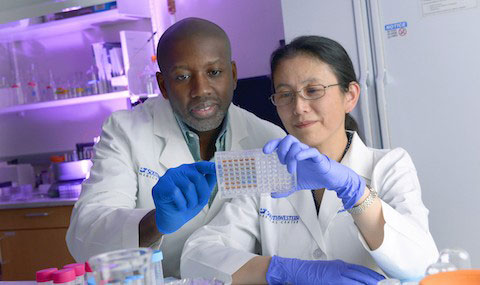 Dr. Ian Corbin (left) and Dr. Xiaodong Wen look over lab sample