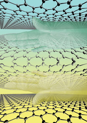 An artist rendering of right- and left-handed stacks of two-atoms-thick graphene, connected by a mirror plane in the middle