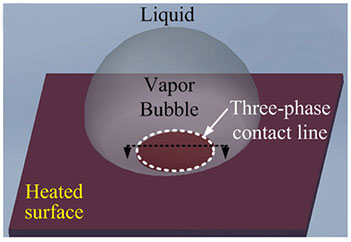 A 3D schematic of a vapor bubble on a heated surface in a pool of liquid depicting the three-phase contact line