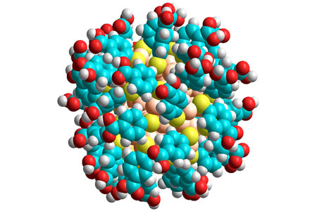 A gold nanoparticle: gold atoms are coloured pale orange, sulphur yellow, oxygen red, carbon cyan and hydrogen white