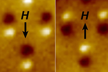 Magnetic microscope image of three nanomagnetic computer bits
