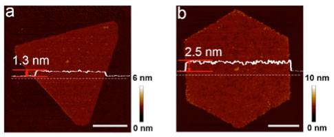 AFM topography images of 2D CH3NH3PbI3 nanosheets with different thicknesses