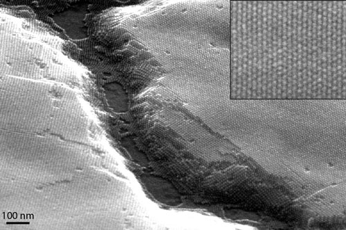 A scanning electron micrograph of a nanocrystal superlattice shows long-range ordering over large domains