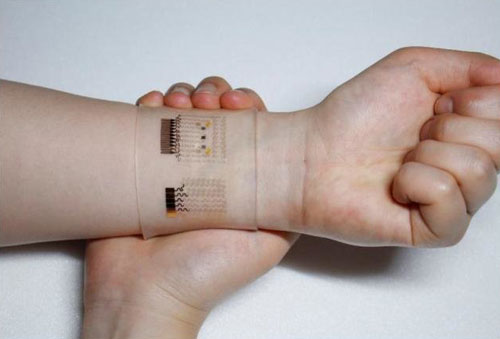 Optical image of the GP-hybrid electrochemical device array on the human skin