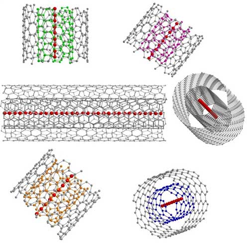 Schematic representations of confined ultra-long linear acetylenic carbon chains inside different double-walled carbon nanotubes