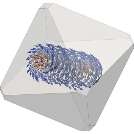 This micromagnetic model shows the three-dimensional vortex structure of magnetite nanocrystals