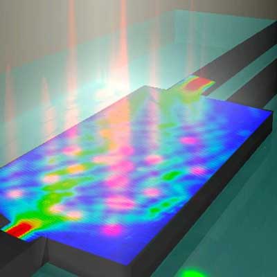The image shows an artistic rendering of a silicon-on-insulator 1x2 multimode interference splitter with a projected pattern of perturbations induced by femtosecond laser