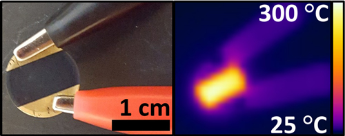 A simple heating device made by the researchers from unrefined pulverized coal, shown at left under visible light and at right in infrared light, showing the heat produced by the device