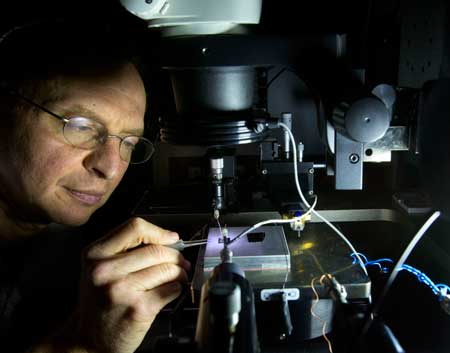 Sandia National Laboratories researcher Alec Talin inspects a plasmonic array sample using a probe station microscope