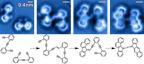 Identification of reactants, transient intermediates, and products in a bimolecular enediyne coupling and cyclization cascade on a silver surface by non-contact atomic force microscopy