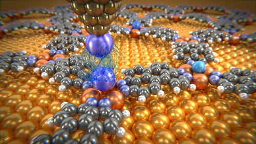 Rare gas atoms deposited on molecular network are investigated with a probing tip, which is decorated with a xenon atom