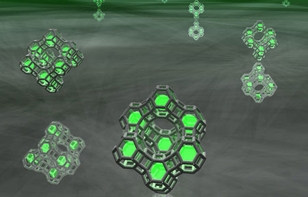 Artist impression of small clusters of silver atoms (green spheres) trapped in zeolite cages