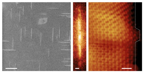 Progressively magnified images of graphene nanoribbons grown on germanium semiconductor wafers