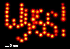 In this image the Wyss! name has been visualized in a DNA origami display with the so-far highest resolution possible in optical imaging using Discrete Molecular Imaging (DMI) technology