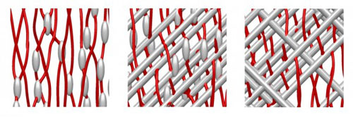 >This snapshot of a simulation shows the defects in the material, here in gray, and pinning vortices, in red