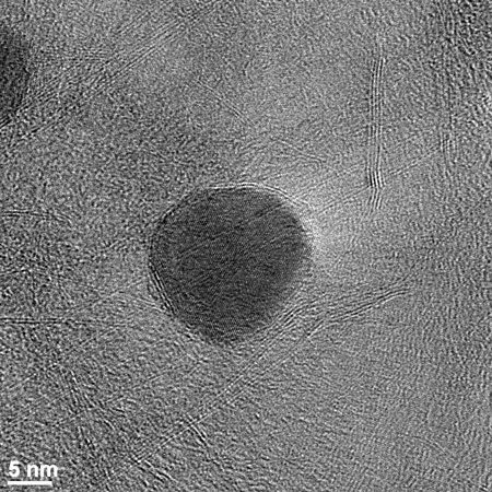 a carbon-wrapped nanoparticle of iron
