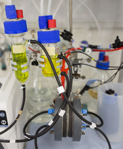 Lab set-up of a redox flow battery