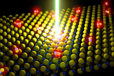 artistic rendering shows a laser beam generating excitons (bound electron and hole) in an atomically thin molybdenum disulfide (MoS<span class='subscript' style=