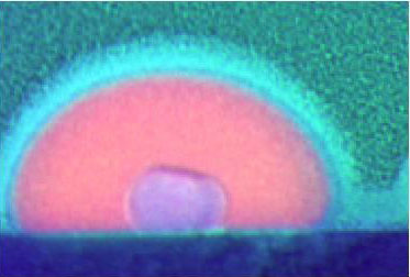 false-color view of a solid gallium core coexisting within a liquid gallium nanoparticle