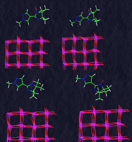 >An organic radical approaches a lattice of rutile crystals (red) – here with an ideal surface free of defects