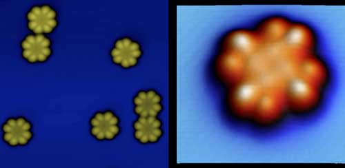 Topographic STM images of dysprosium double-decker phthalocyanine molecules on a copper surface