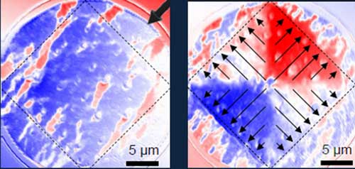 X-PEEM images show the orientation of magnetic domains in the permalloy film overlaid on the superconducting dot (dashed square) before (left image) and after the write process (right image)