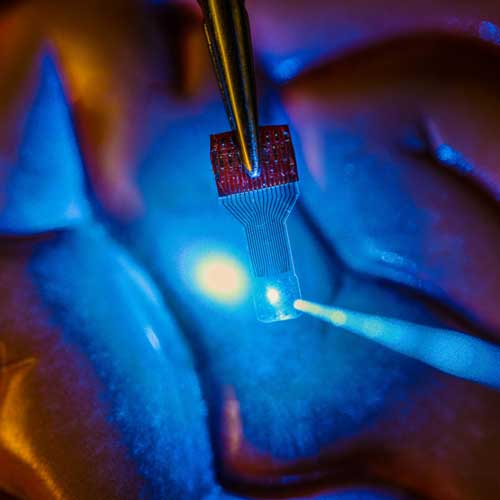 A blue light shines through a clear, implantable medical sensor onto a brain model