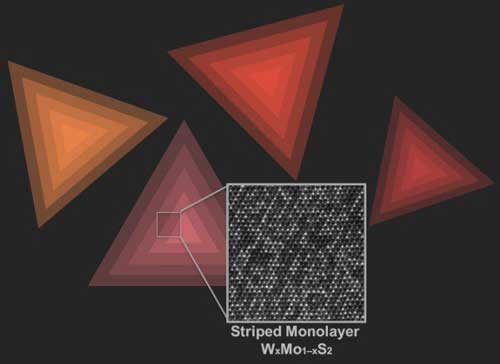 An electron microscopy image of ordered atoms of tungsten (W) and molybdenum (Mo) against artistic representations of triangular single layer flakes of WxMo1–xS2 on a substrate