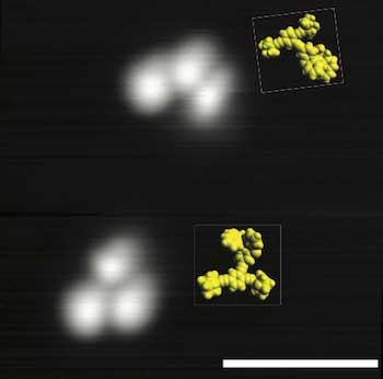 scanning tunneling microscope image shows two three-wheeled nanoroadsters